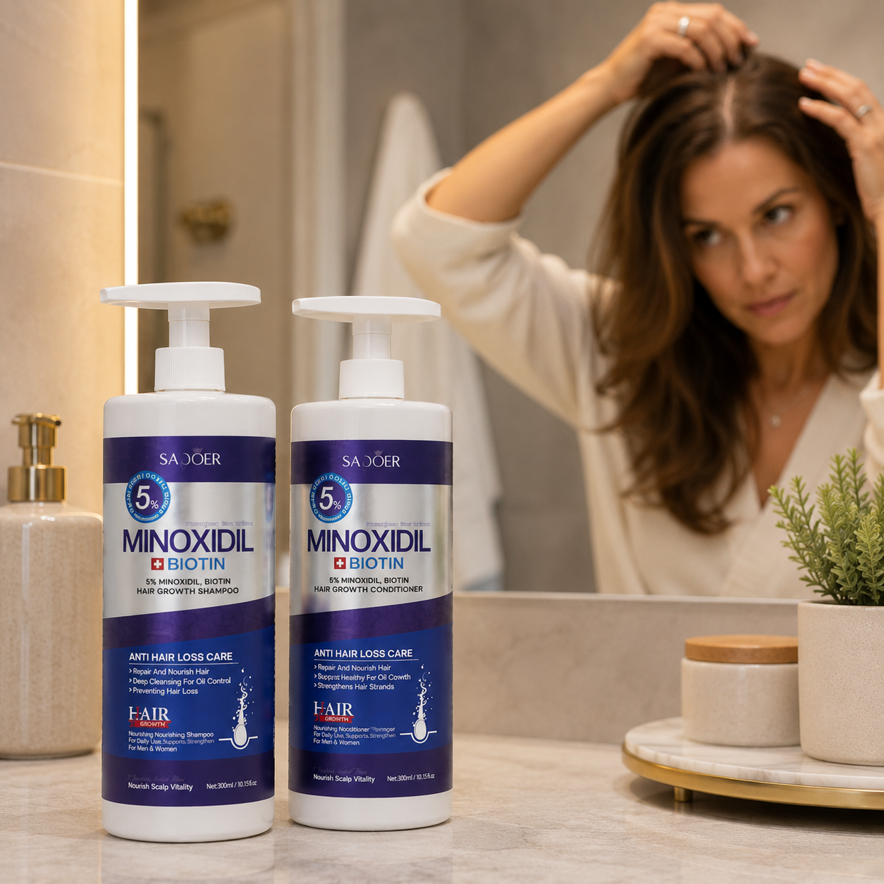 Minoxidil 5% + Biotina — Shampoo y Acondicionador para Fortalecer y Combatir la Caída