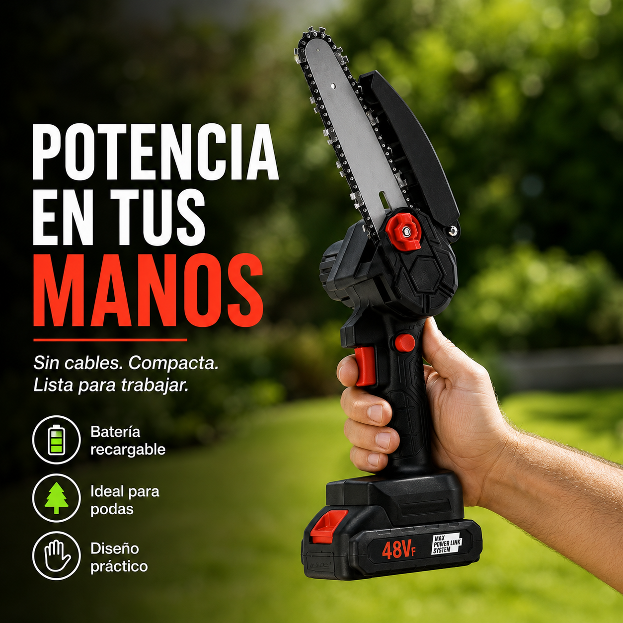Mini Motosierra Inalámbrica 48V | Potencia y Control para Podas y Cortes