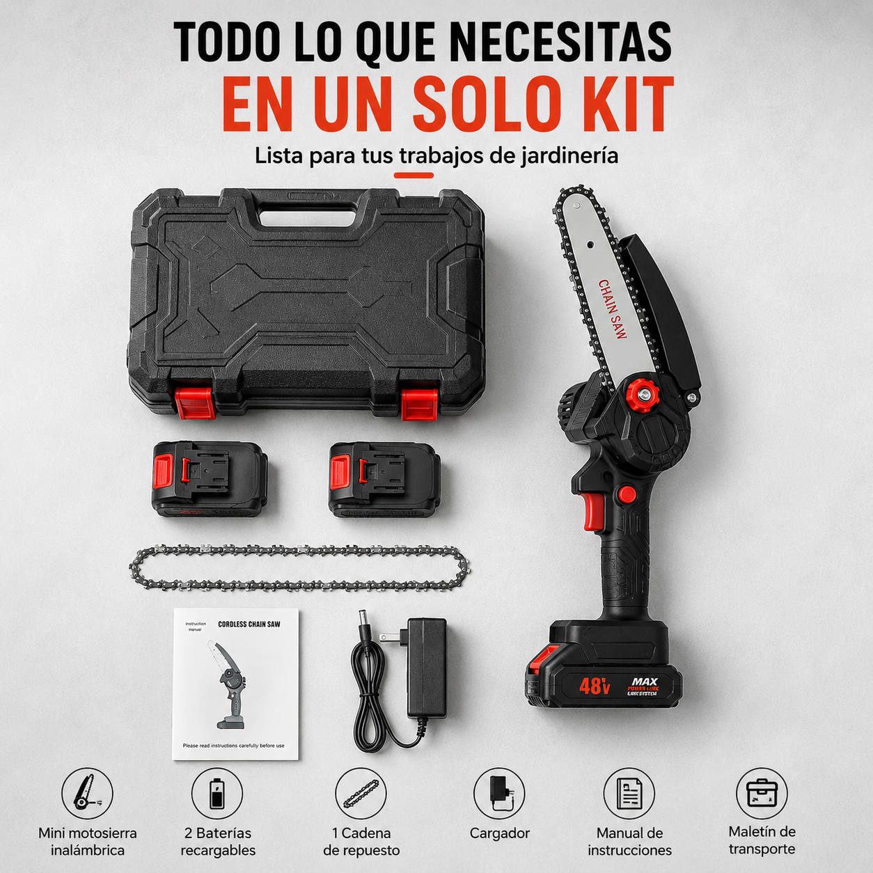 Mini Motosierra Inalámbrica 48V | Potencia y Control para Podas y Cortes