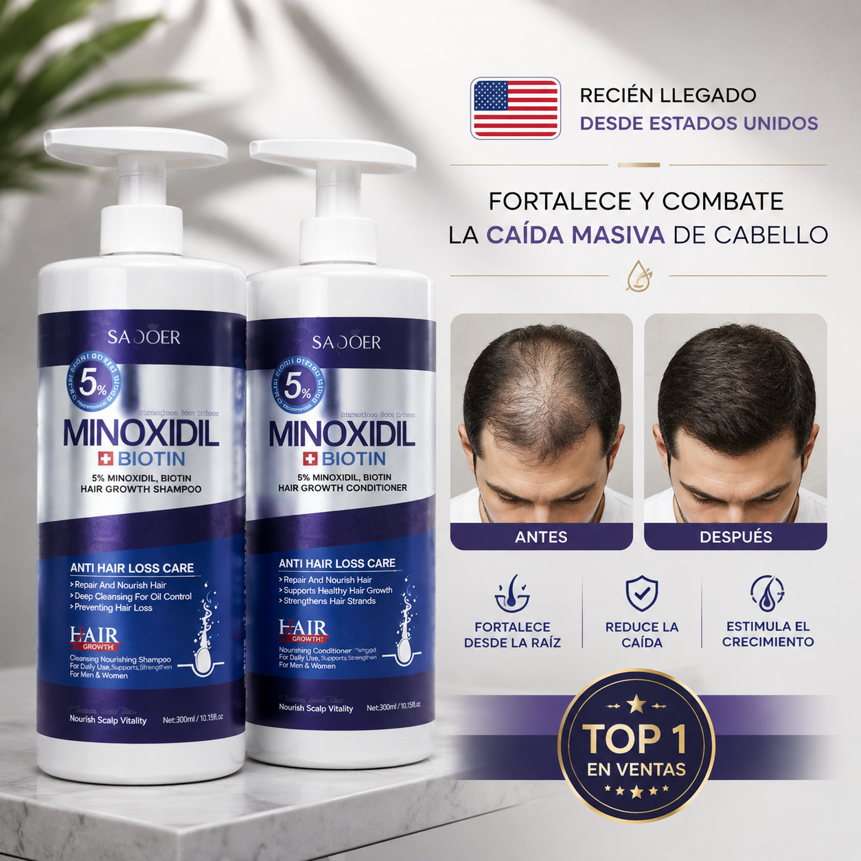 Minoxidil 5% + Biotina — Shampoo y Acondicionador para Fortalecer y Combatir la Caída