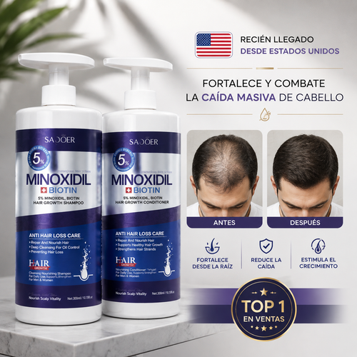 Minoxidil 5% + Biotina — Shampoo y Acondicionador para Fortalecer y Combatir la Caída