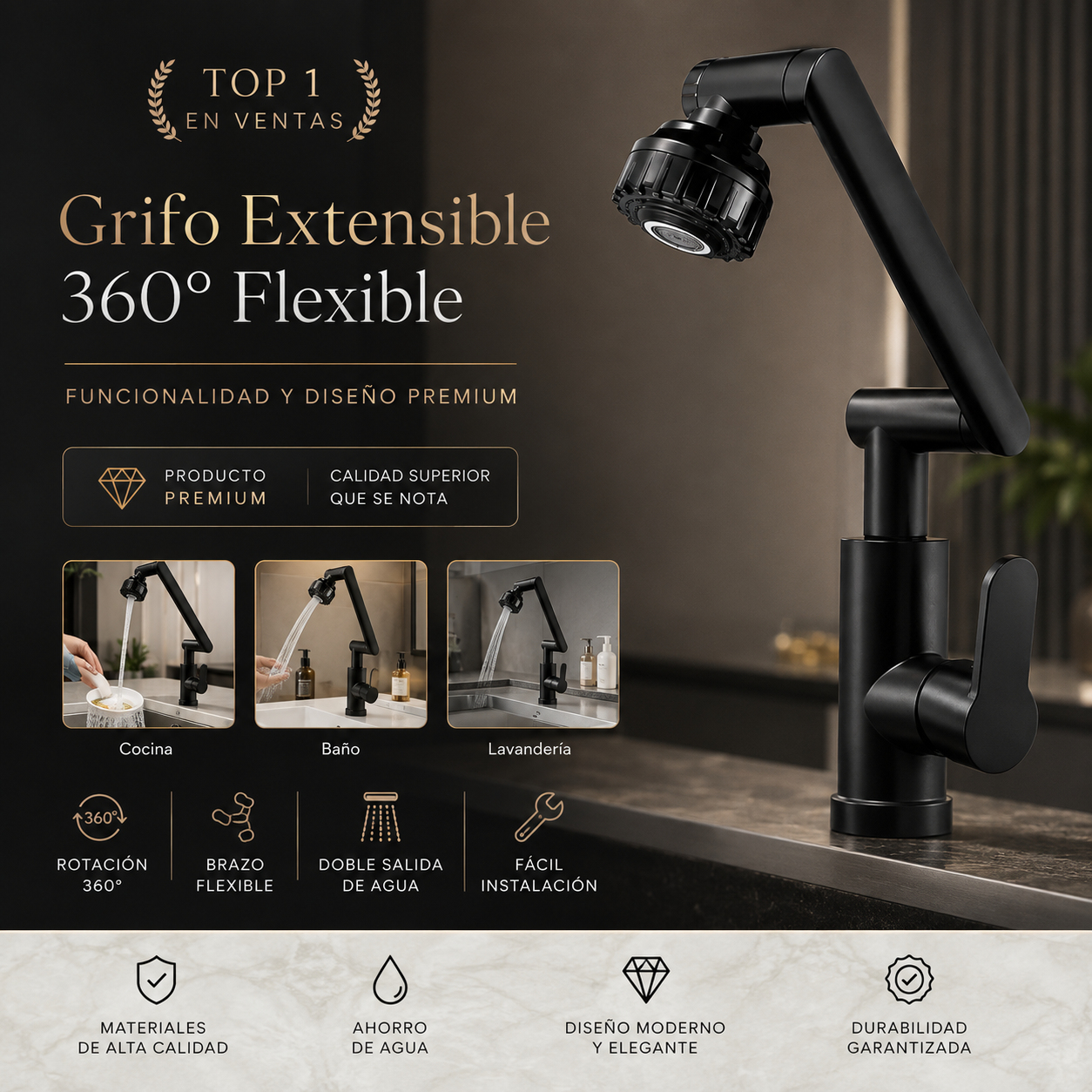 Grifo Extensible 360° con Doble Salida de Agua