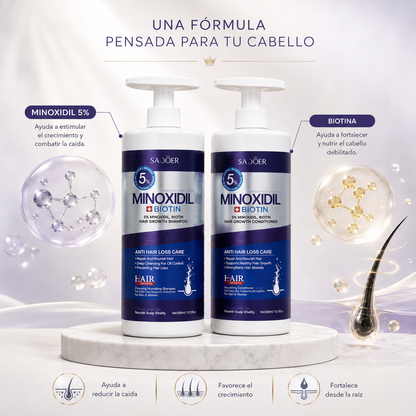 Minoxidil 5% + Biotina — Shampoo y Acondicionador para Fortalecer y Combatir la Caída