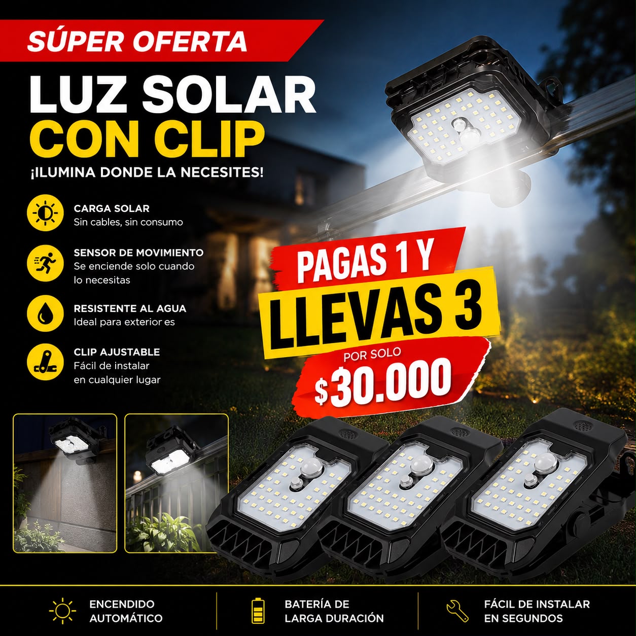 ¡Oferta 3x1! lámpara solar con clip y sensor de movimiento