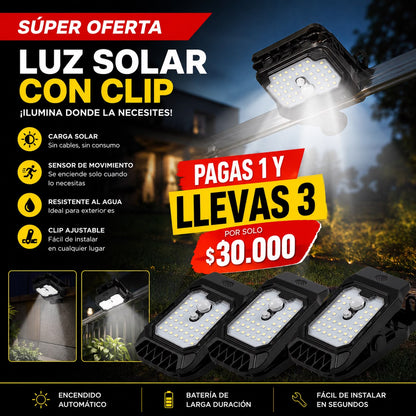 ¡Oferta 3x1! lámpara solar con clip y sensor de movimiento