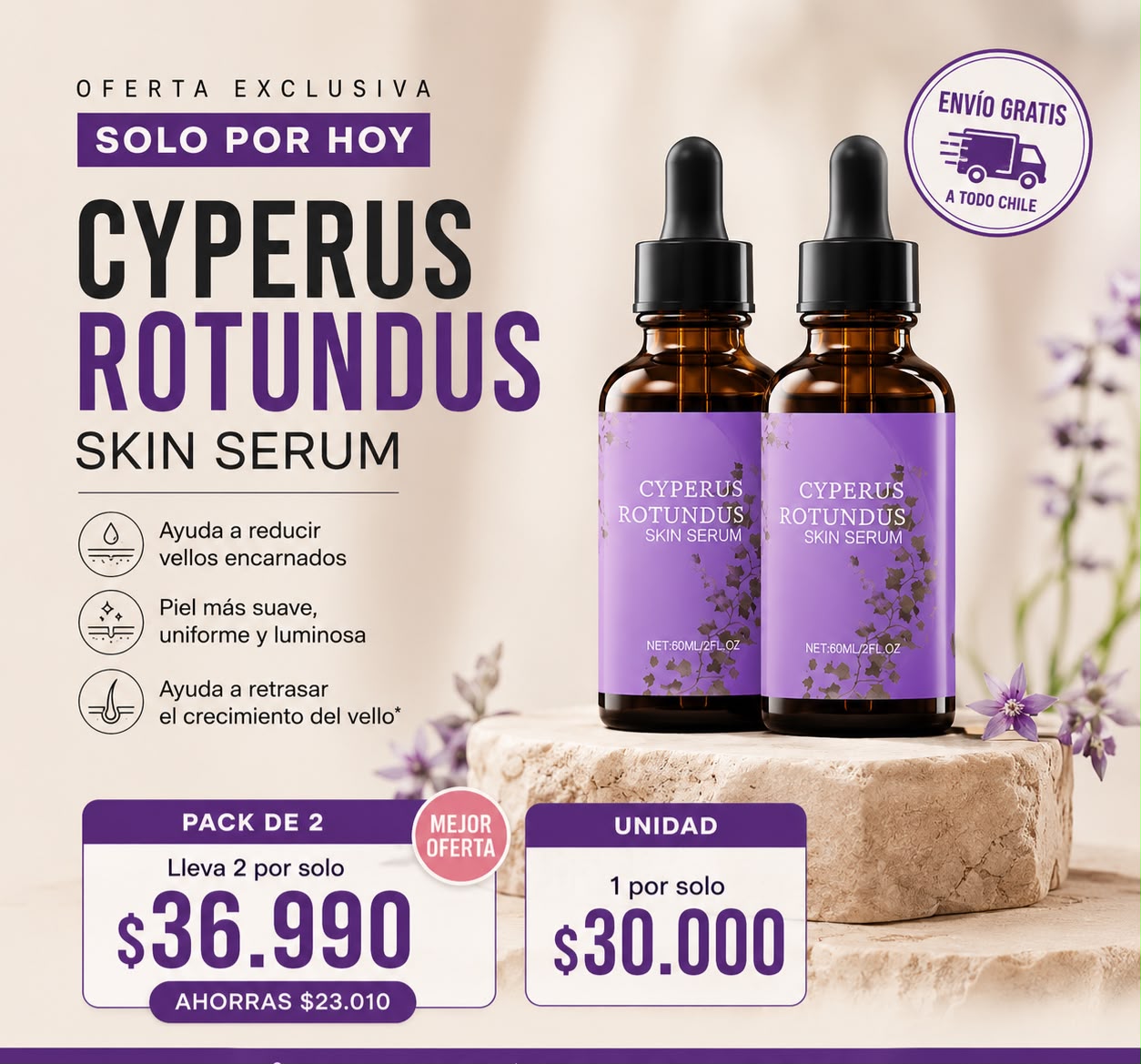 PACK serum natural, para retrasar crecimiento del vello.
