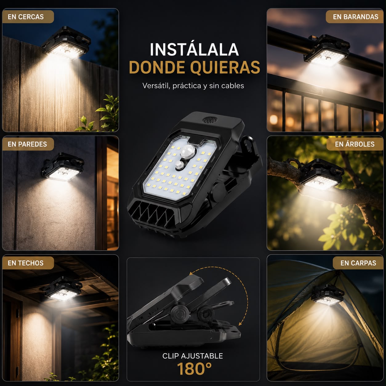 ¡Oferta 3x1! lámpara solar con clip y sensor de movimiento