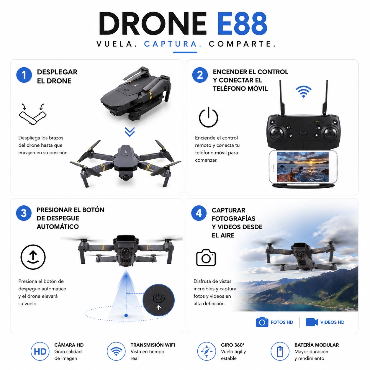 🚁 Drone E88 4K Plegable con Cámara HD | Fácil de Volar, Compacto y con Control Remoto